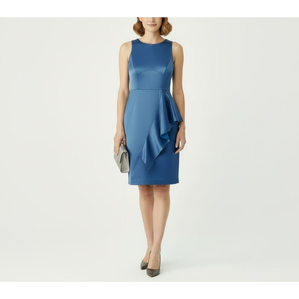 Shoshanna Elisa Dress sz 10 Blue Satin Sheath Ruffle Cocktail Wedding Guest NWT‎